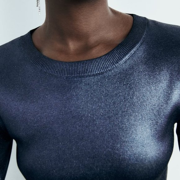 NWT METALLIC BLUE FOIL KNIT CROP TOP - Picture 2 of 8